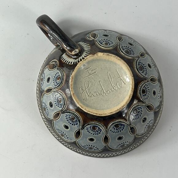 German Blue Flower Coffee Cup Signed Pottery Vtg Unique 1.5" Tea Wine Handarbeit - Picture 6 of 12